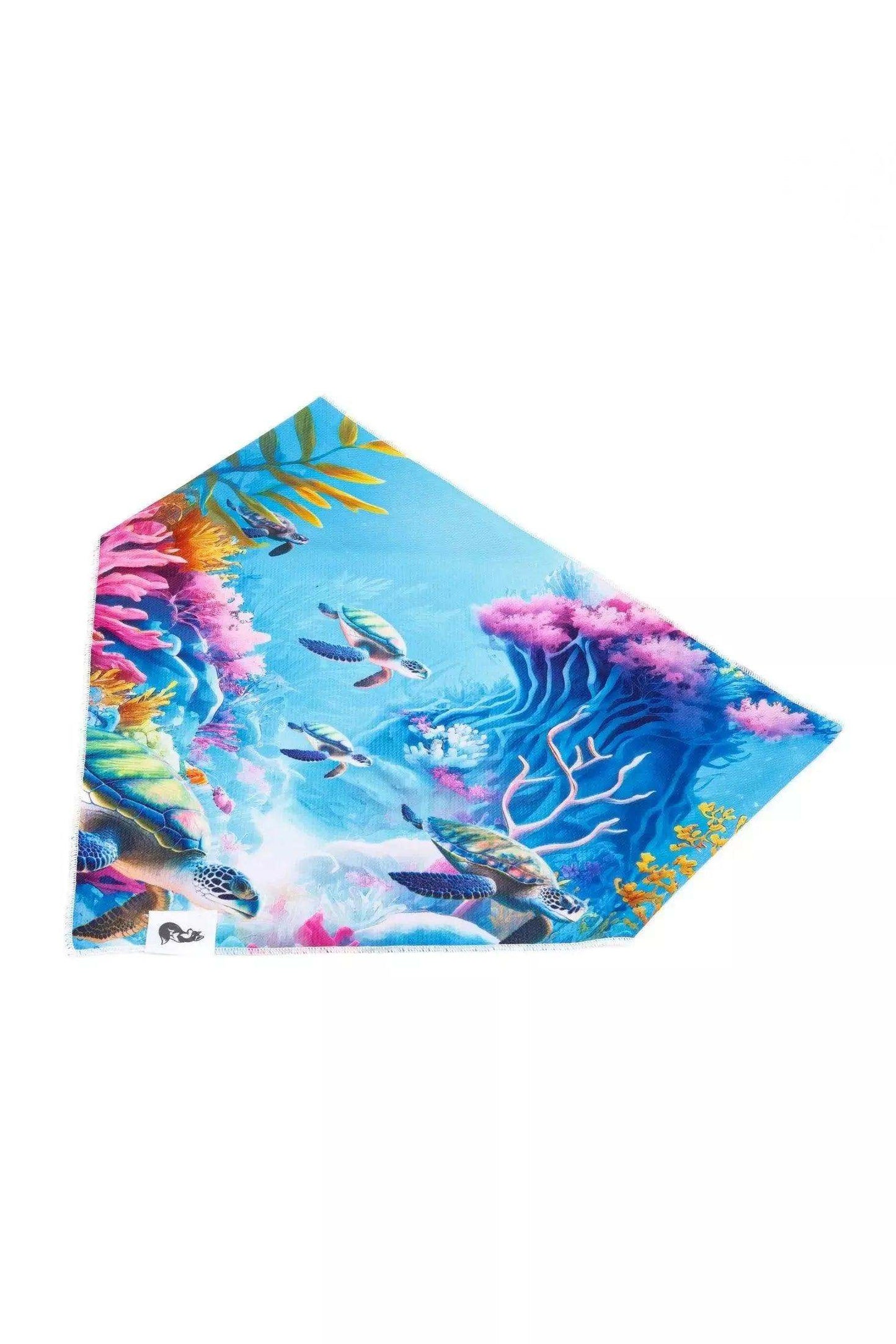 Sea Turtle Swim Dog Bandana with vibrant underwater turtle and reef design, quick-drying and breathable fabric.
