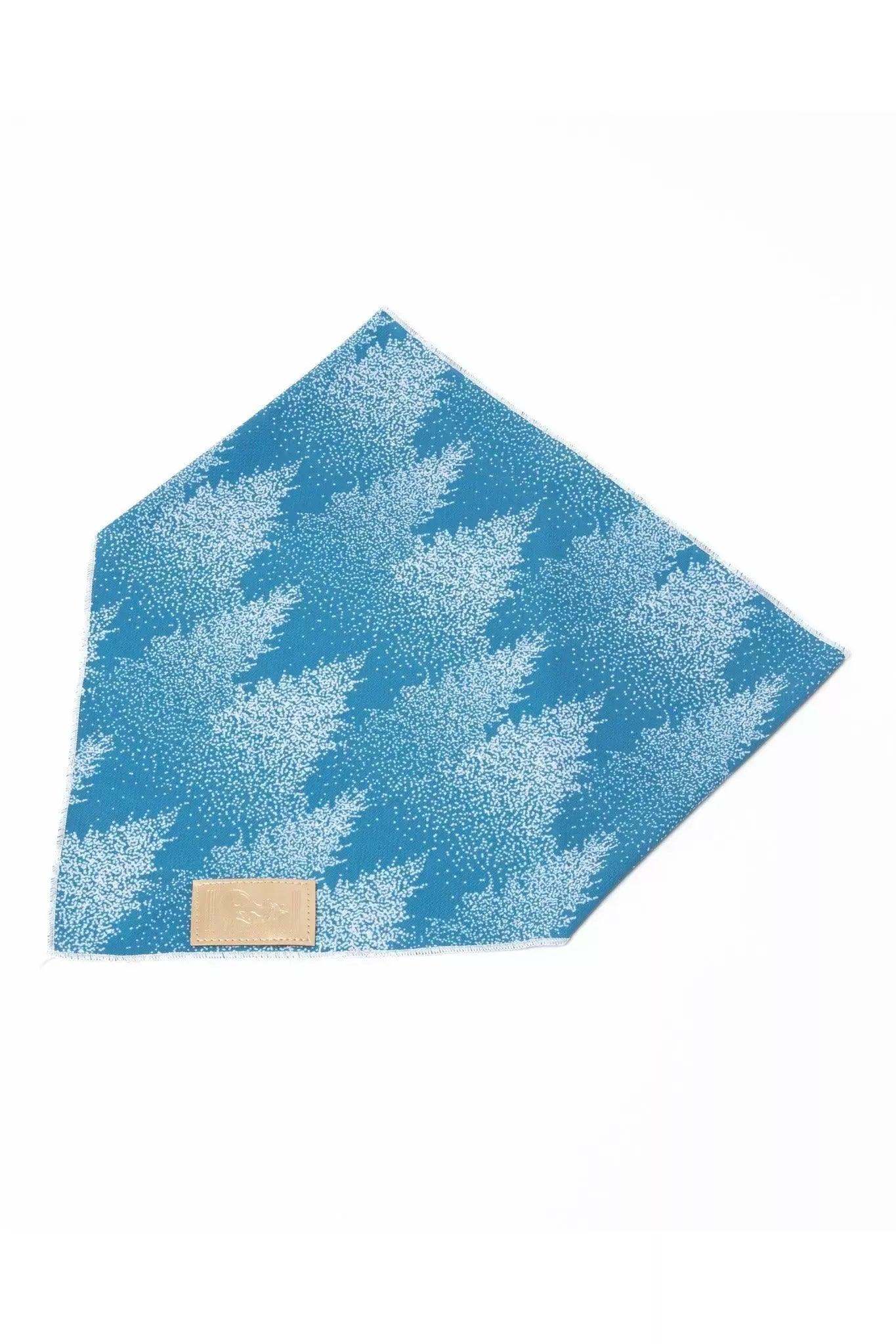 Siberian Spruce Dog Bandana in blue with spruce tree pattern, quick-drying, lightweight, stretchy fabric.