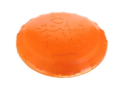 Orange durable rubber Bottle Top Flyer frisbee for dog retrieving, soft and non-toxic, dishwasher safe, made in USA