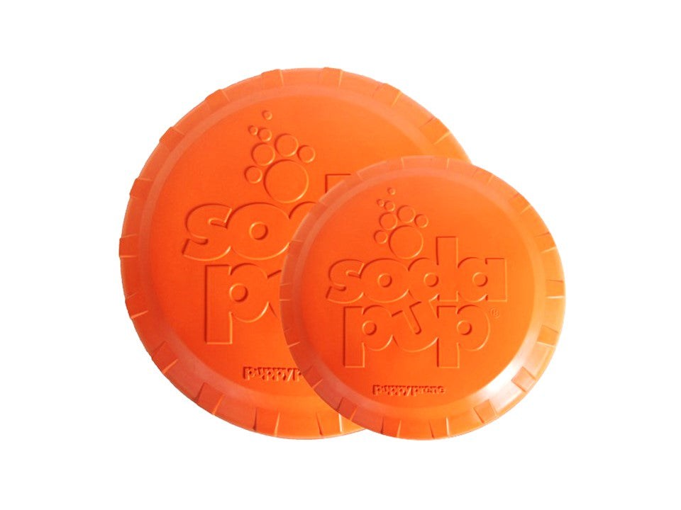 Orange durable rubber Bottle Top Flyer frisbees for dog retrieving, made in USA and veterinarian approved.