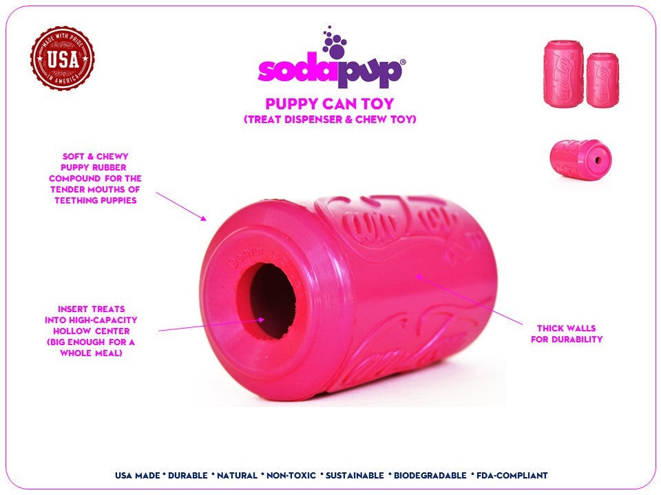 Pink Puppy Can Toy treat dispenser and durable chew toy made from soft puppy rubber for teething pups