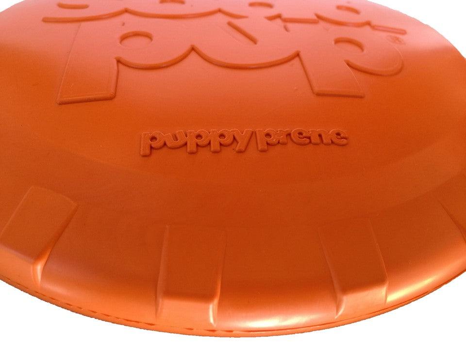 Orange durable rubber Bottle Top Flyer dog frisbee with puppyprene branding