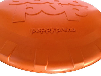 Orange durable rubber Bottle Top Flyer dog frisbee with puppyprene branding