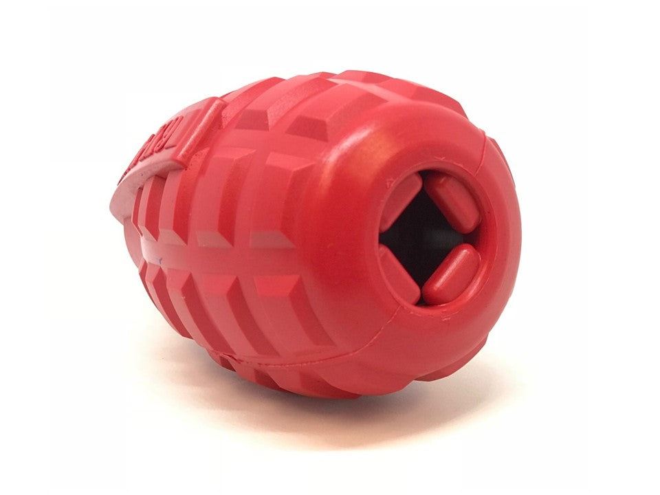 Red grenade shaped eDispenser dog chew toy and treat dispenser for durable chewing and mental enrichment