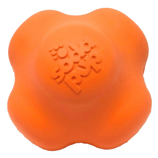 Orange Crazy Bounce Ultra Durable Rubber Chew Dog Toy with erratic bounce design for power chewers