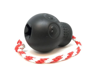 Black USA-K9 Magnum Skull durable rubber chew toy with rope, treat dispenser and tug toy for dogs