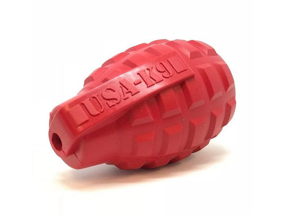 Red grenade shaped eDispenser durable dog chew toy and treat dispenser by USA-K9