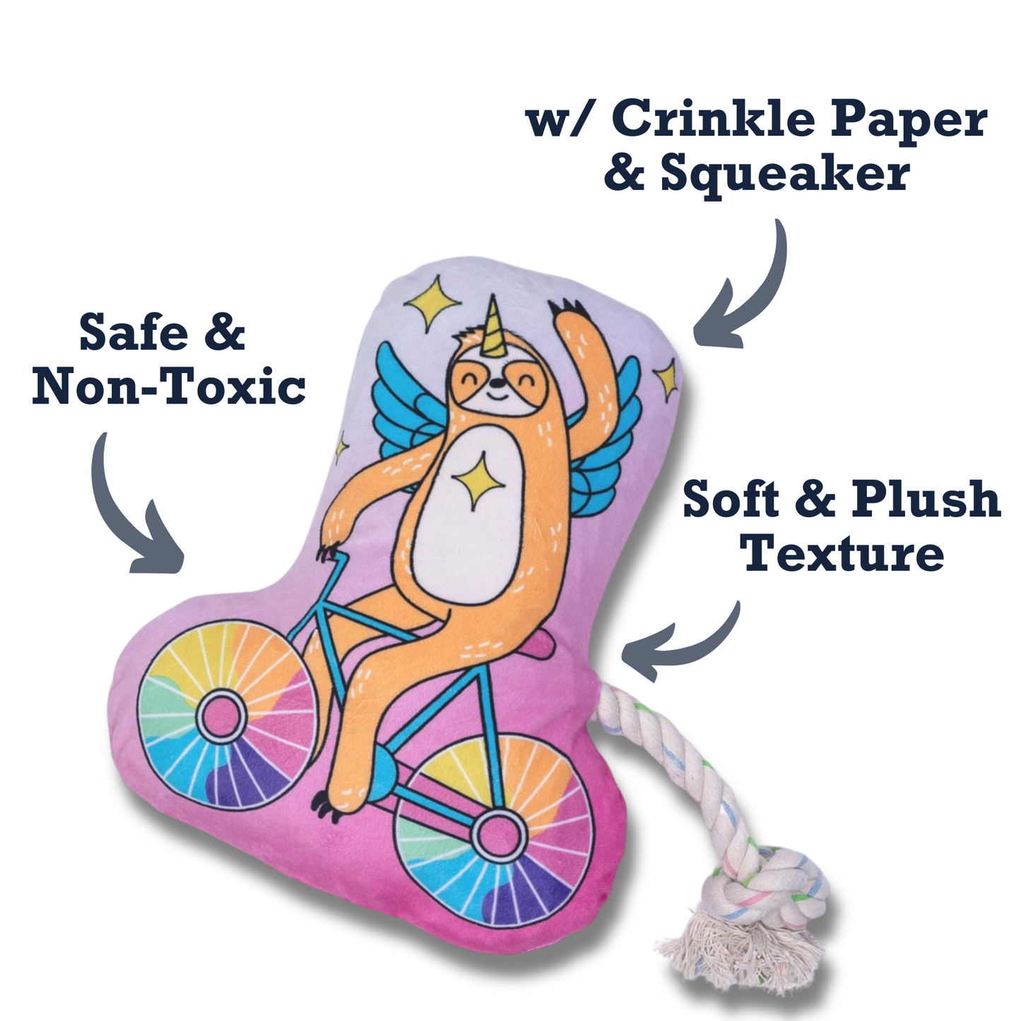 Slow Biker Plush Dog Toy with squeaker, crinkle paper, and rope tail for interactive play