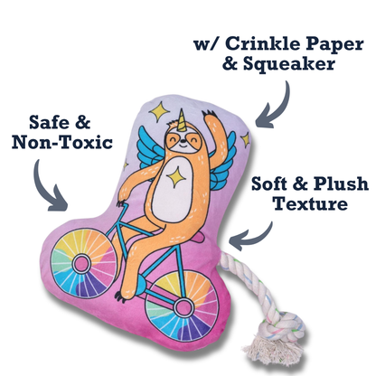 Slow Biker Plush Dog Toy with squeaker, crinkle paper, and rope tail for interactive play