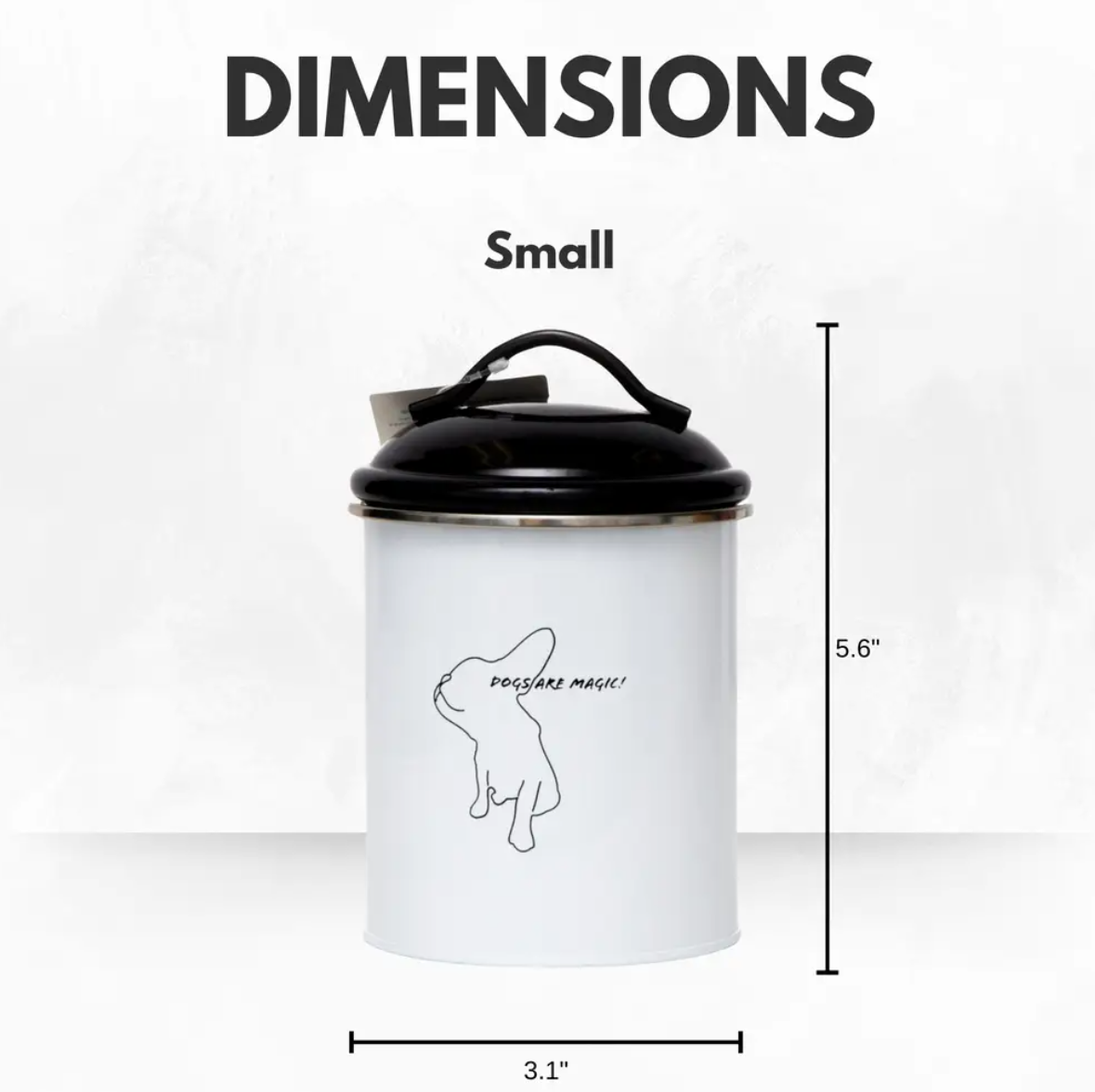 Small black and white pet treat storage canister with dog silhouette and silicone gasket lid measuring 5.6 by 3.1 inches