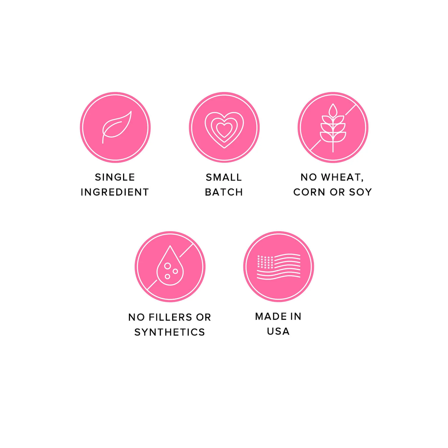 Icons representing Ava's Pet Palace dog treats benefits: single ingredient, small batch, no wheat/corn/soy, no fillers or synthetics, made in USA.