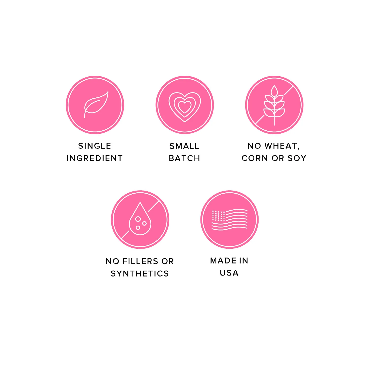 Icons representing Ava's Pet Palace dog treats benefits: single ingredient, small batch, no wheat/corn/soy, no fillers or synthetics, made in USA.