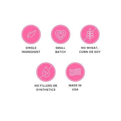 Icons representing Ava's Pet Palace dog treats benefits: single ingredient, small batch, no wheat/corn/soy, no fillers or synthetics, made in USA.