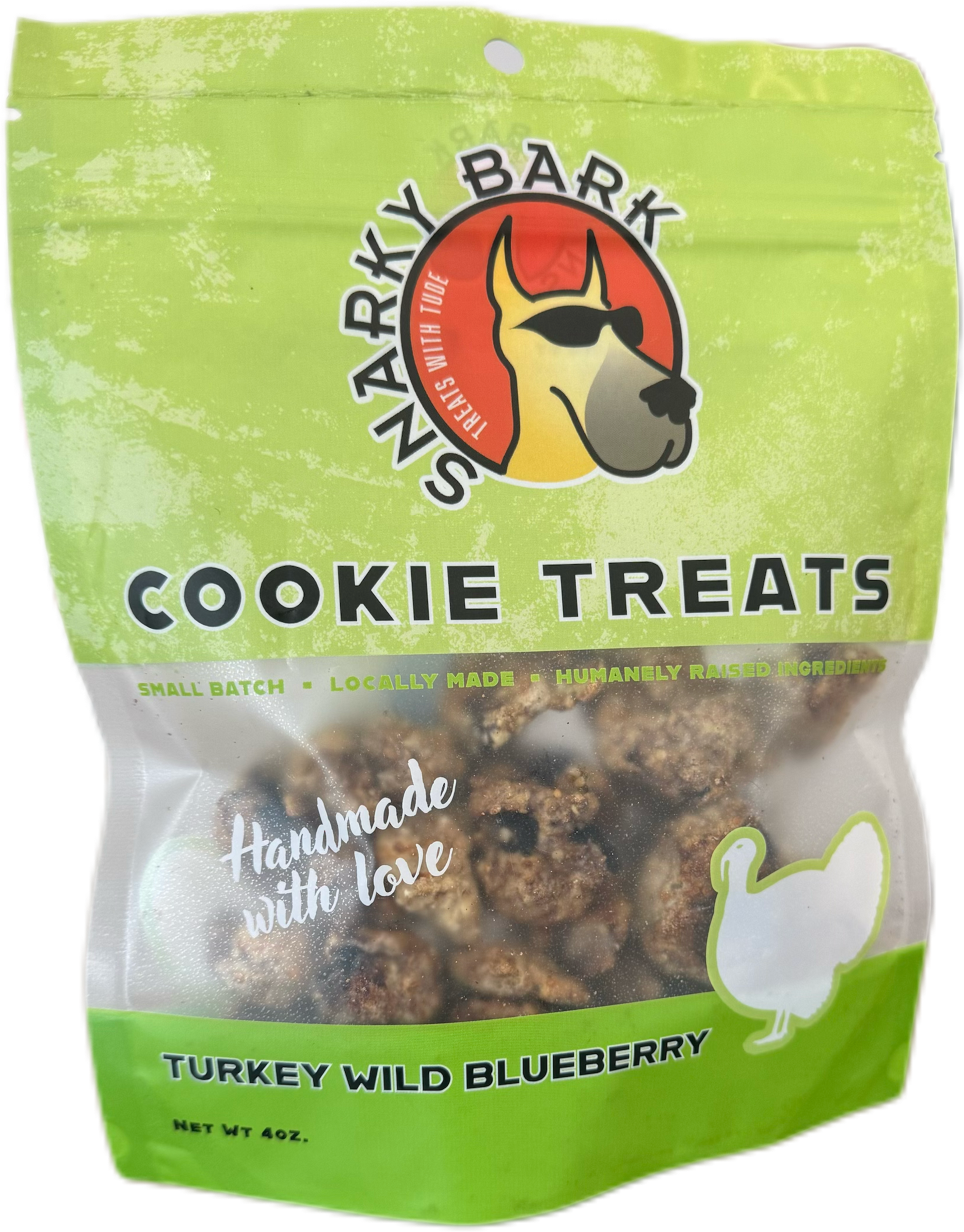 Snarky Bark Cookie Turkey Wild Blueberry dog treats in resealable green bag with transparent window