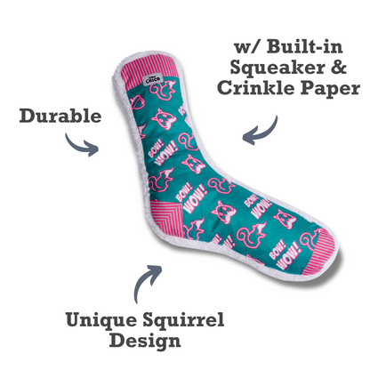 Squeaky Sock Plush Dog Toy with built-in squeaker and crinkle paper, featuring a durable soft plush fabric and unique squirrel design.