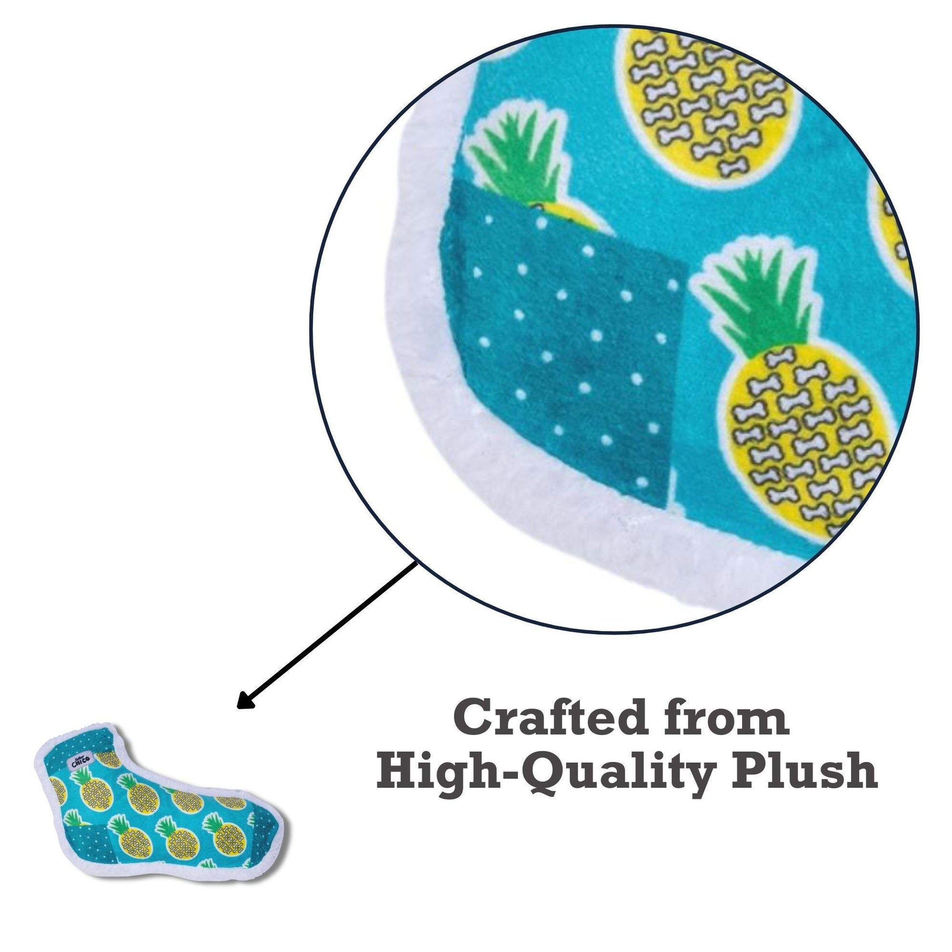 Squeaky Sock Plush Dog Toy in pineapple design made from high-quality soft plush material