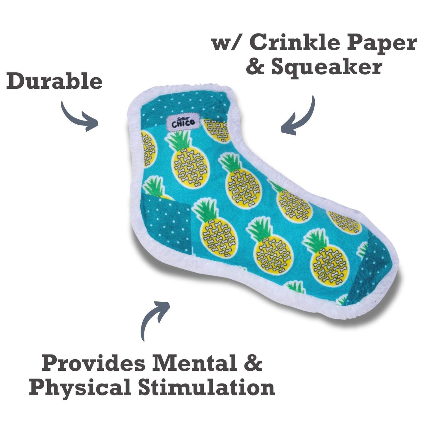 Squeaky Sock Plush Dog Toy pineapple design with crinkle paper and squeaker for durable, stimulating play