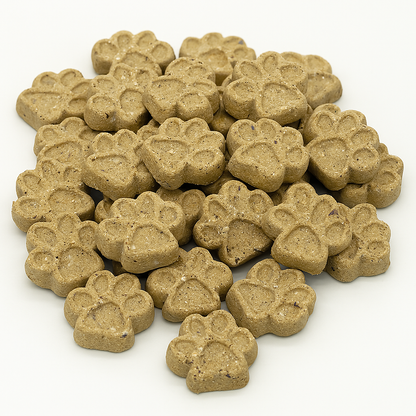 PB & J Soft Baked Bites dog treats in paw shape with peanut butter and berry flavor.