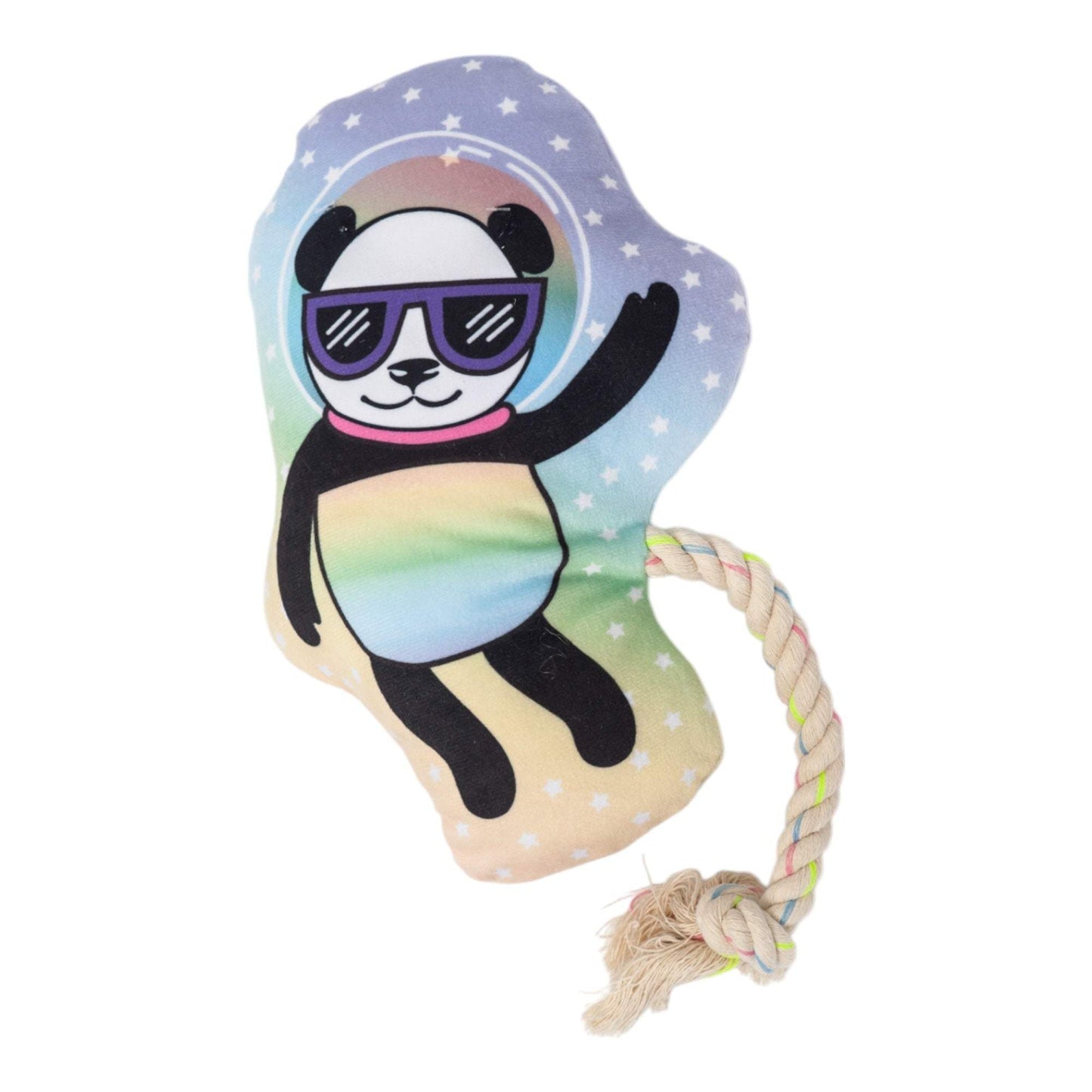 Space Panda plush dog toy with squeaker and crinkle paper for interactive play