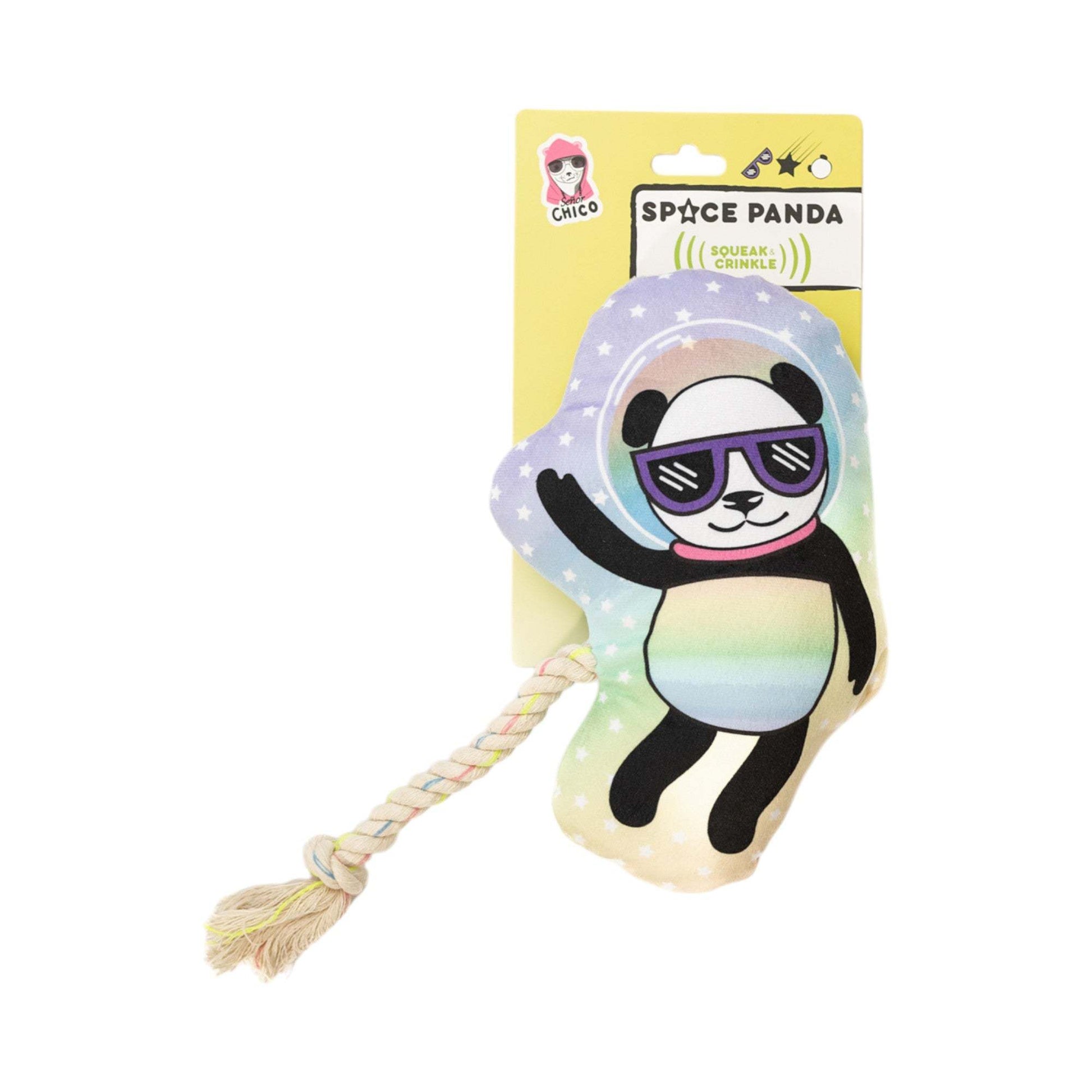 Space Panda Plush Dog Toy with squeaker and crinkle paper for interactive dog play