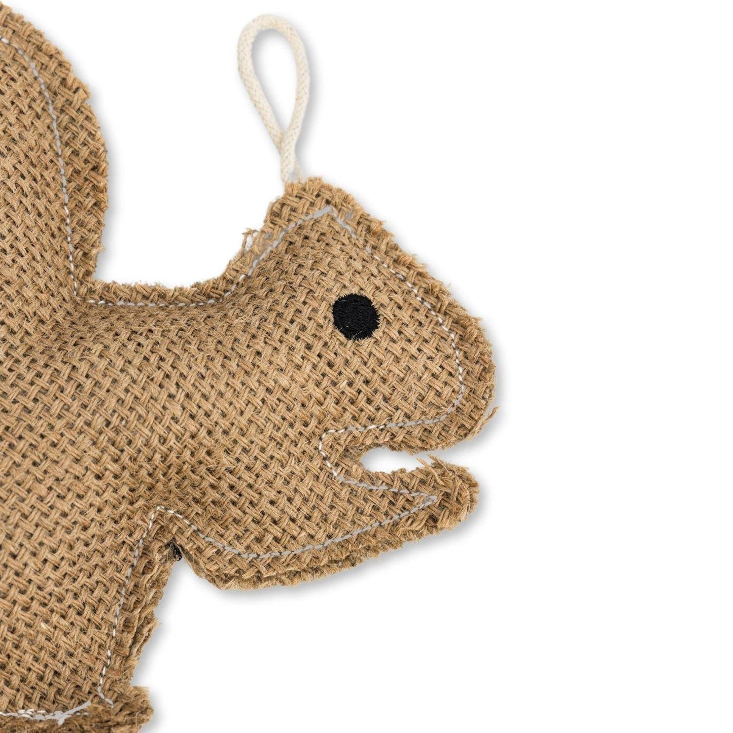 Rustic jute squirrel dog chew toy made of natural, non-toxic jute fibers for safe and gentle play