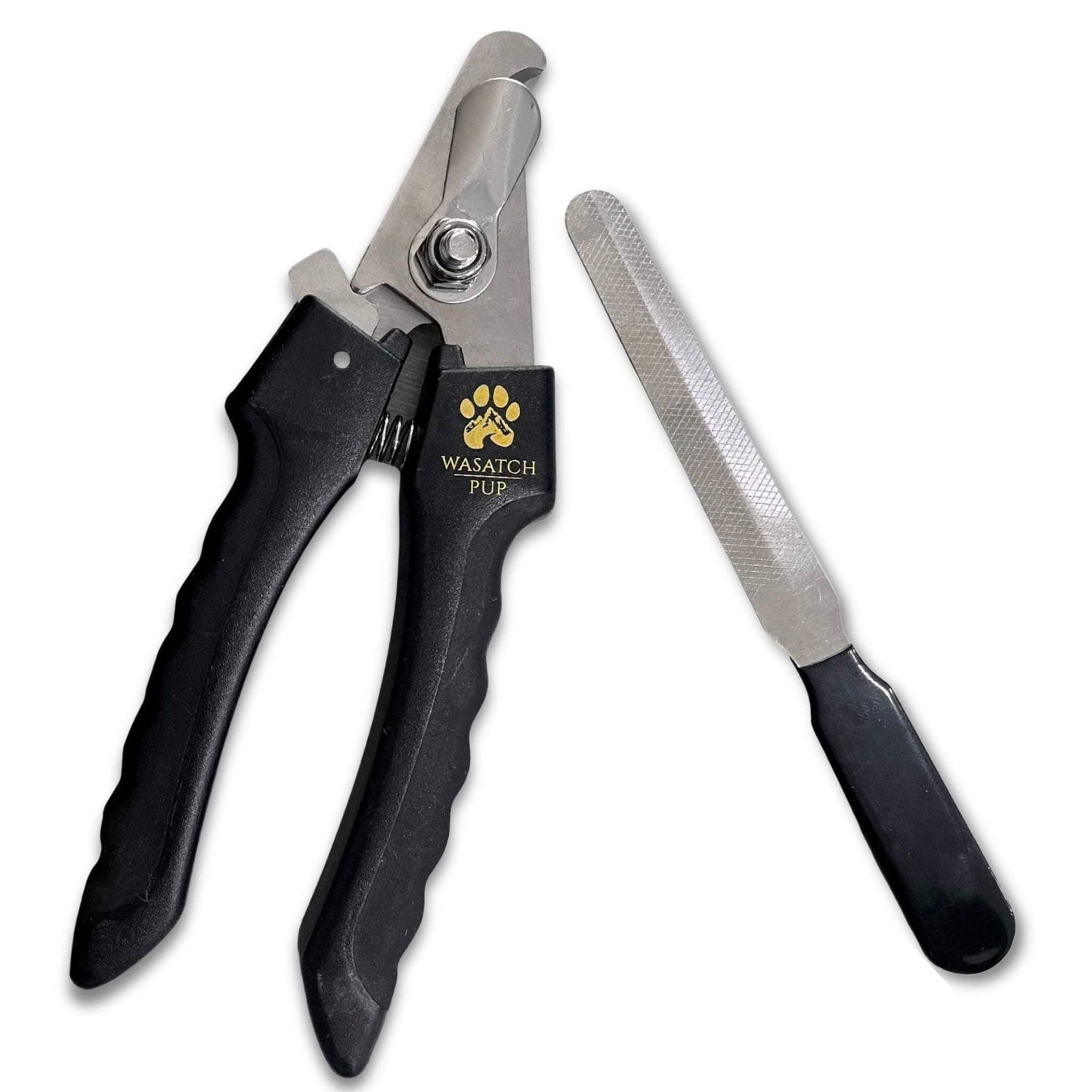 Ergonomic dog nail clippers with sharp stainless steel blades and included nail file for precise grooming