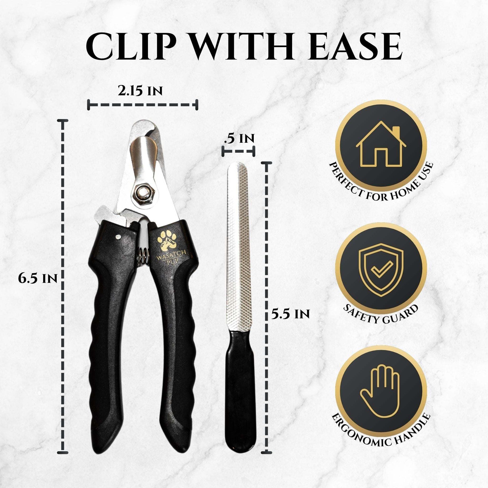 Stainless steel dog nail clippers with ergonomic non-slip handle and bonus nail file for precise grooming