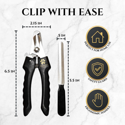 Stainless steel dog nail clippers with ergonomic non-slip handle and bonus nail file for precise grooming