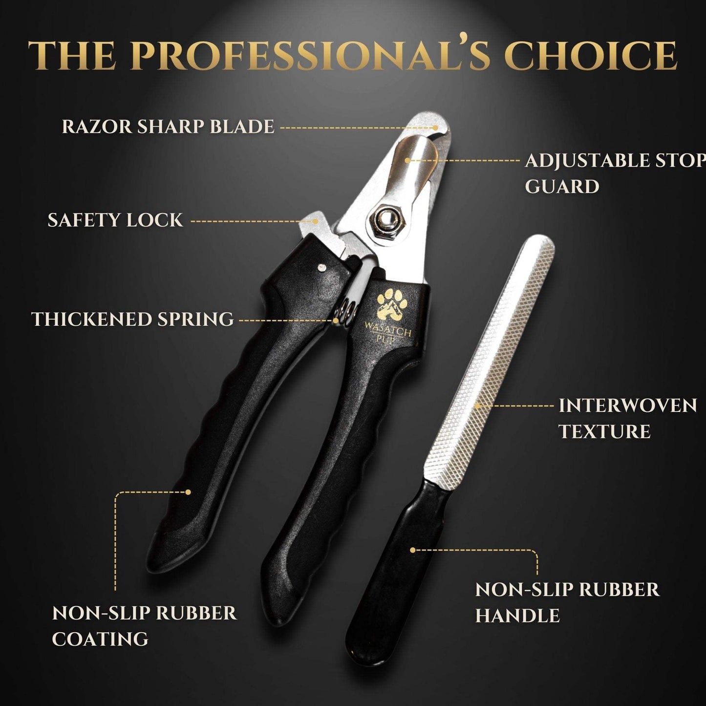 Stainless steel dog nail clippers with ergonomic non-slip handle and bonus nail file for precise grooming