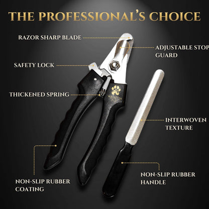 Stainless steel dog nail clippers with ergonomic non-slip handle and bonus nail file for precise grooming