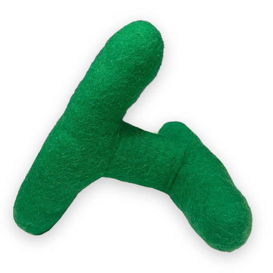 Green handmade Strand Felt Dog Toy made of 100% wool for dogs to chew and play with.