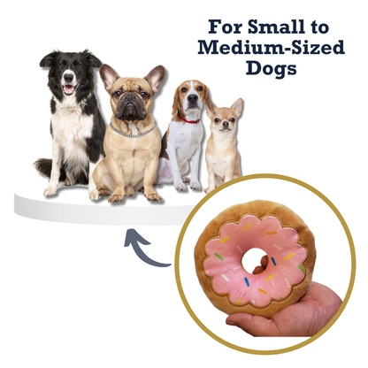 Strawberry donut plush dog toy for small to medium dogs, soft, safe, and ideal for fetch, tug-of-war, and chewing