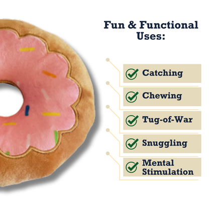 Strawberry donut plush dog toy for chewing, tug-of-war, fetching, and snuggling, soft and non-toxic