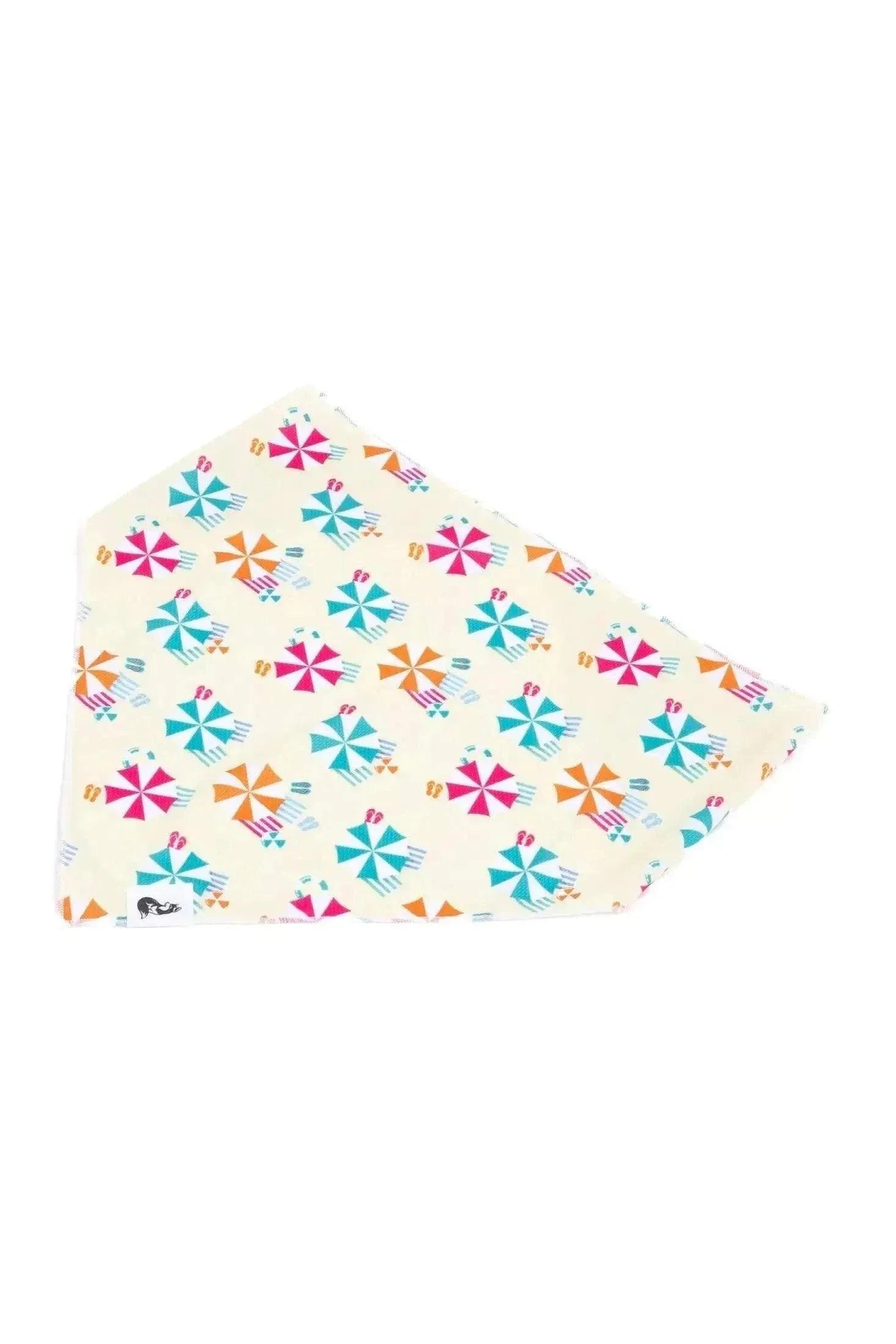 Sun and Shade Dog Bandana with colorful beach umbrella pattern, lightweight and quick-drying fabric.