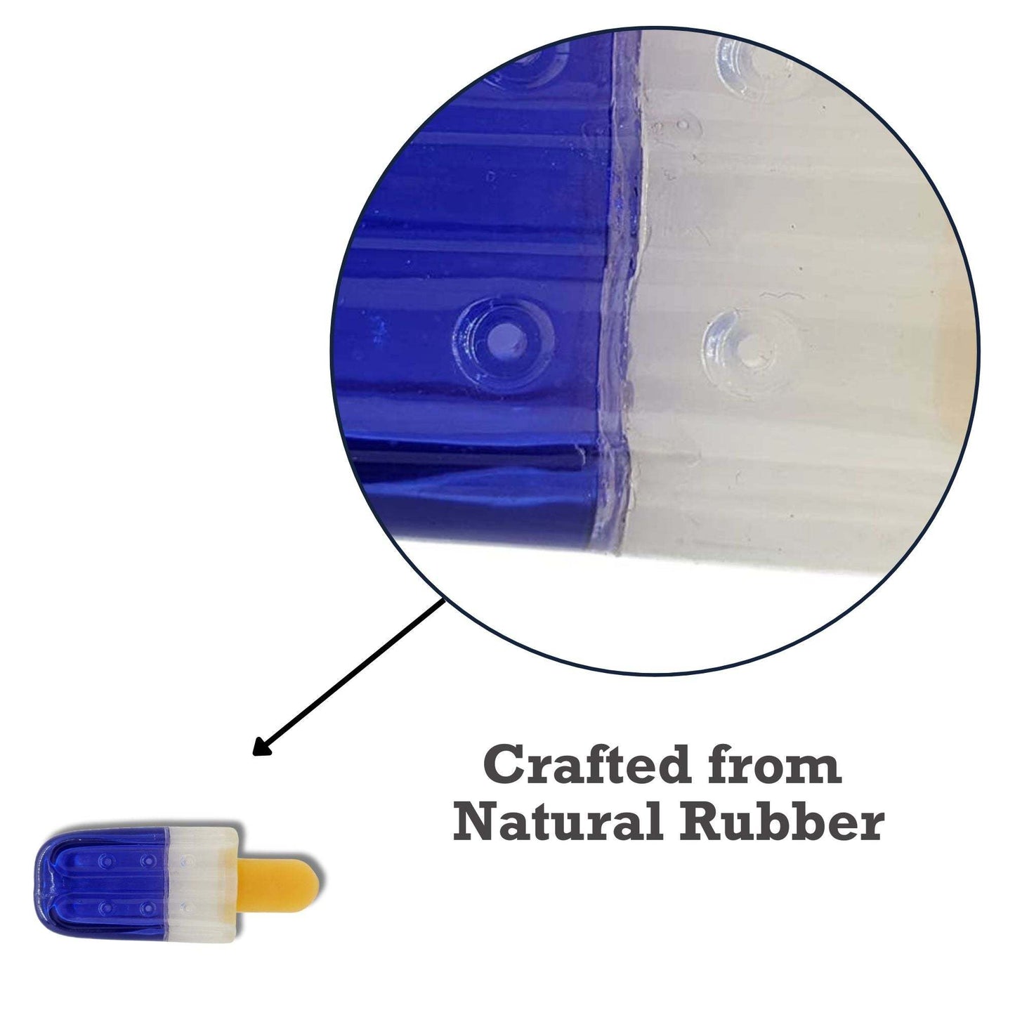 Popsicle-shaped freezable dog chew toy made from 100% natural rubber
