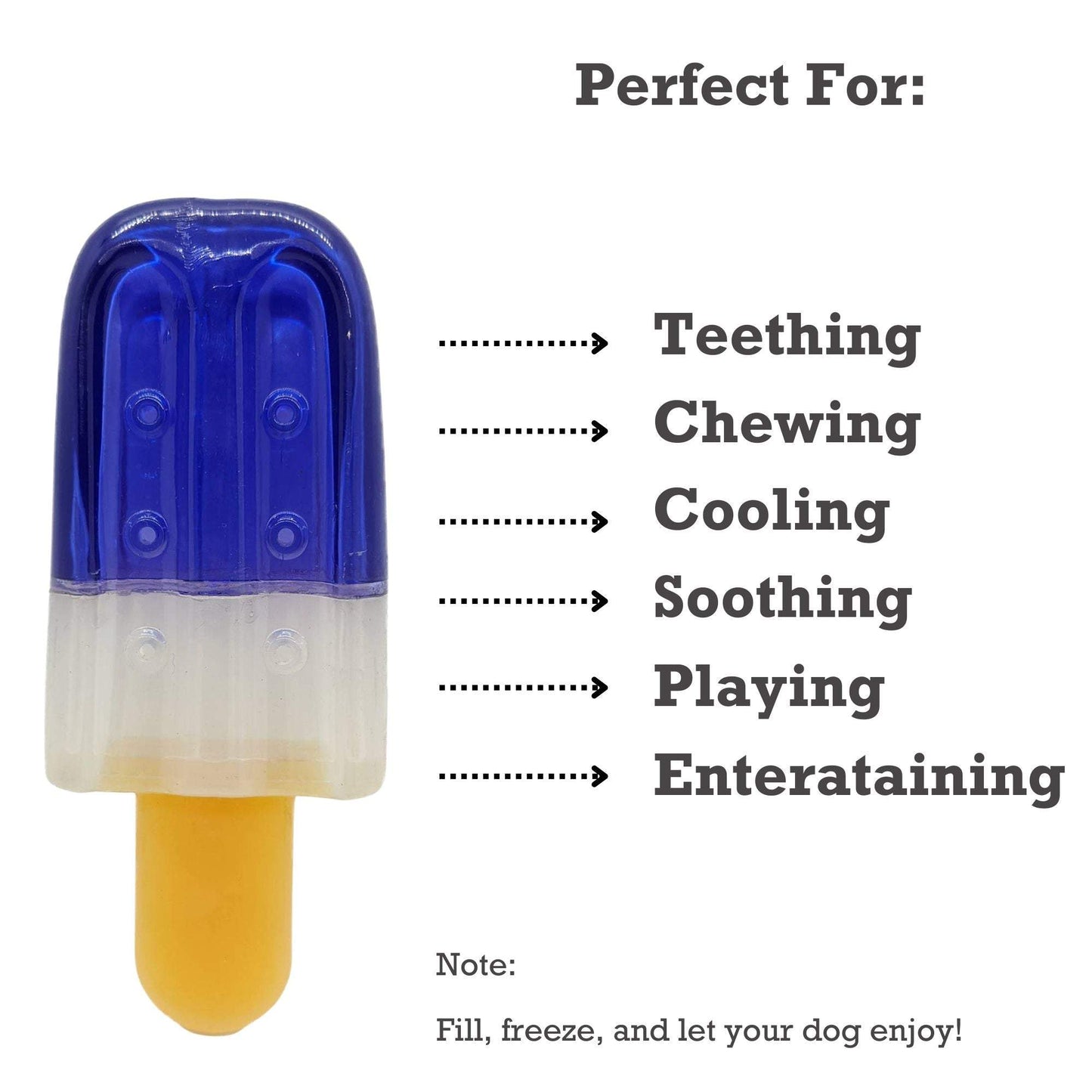 Popsicle-shaped freezable dog toy made of durable natural rubber for teething, chewing, cooling, and playing