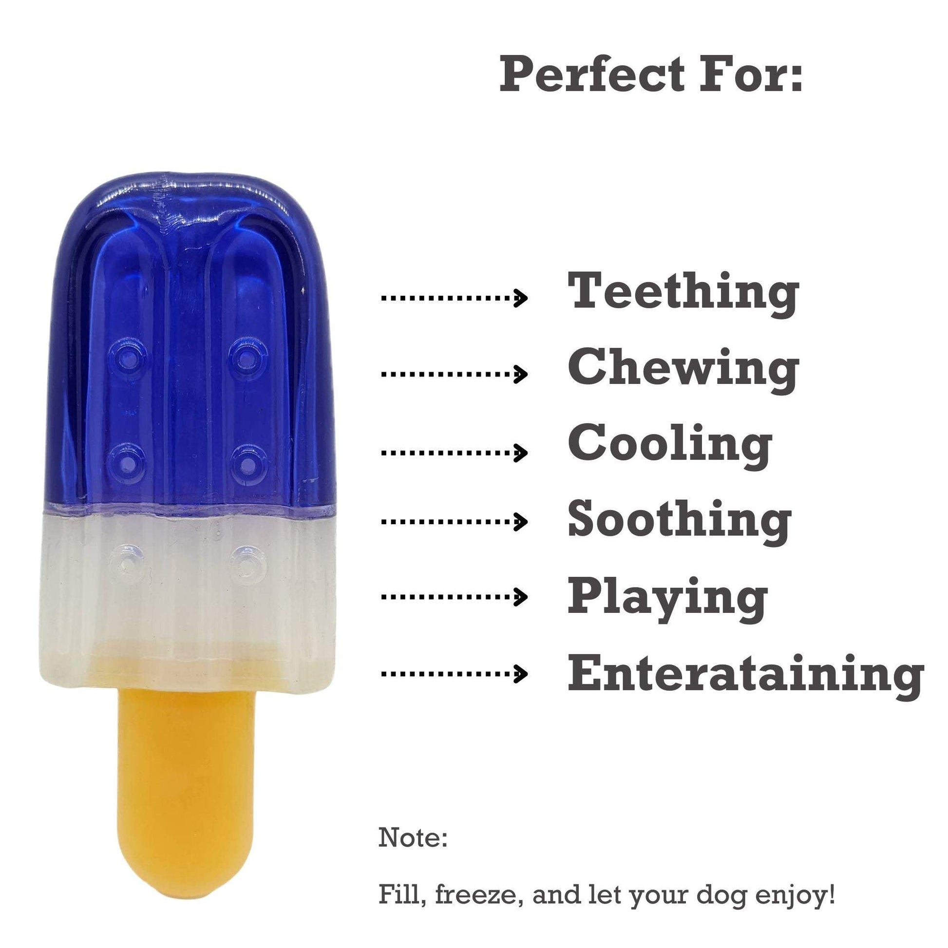 Popsicle-shaped freezable dog toy made of durable natural rubber for teething, chewing, cooling, and playing