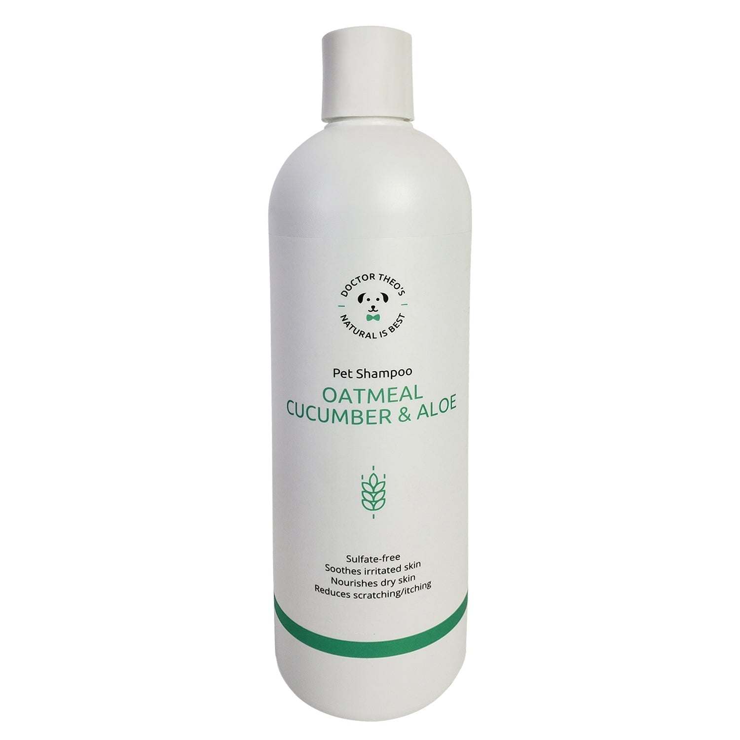 Dr. Theo's Dog Shampoo with oatmeal, cucumber, and aloe for soothing, hydrating, and gentle cleansing of pet coats.