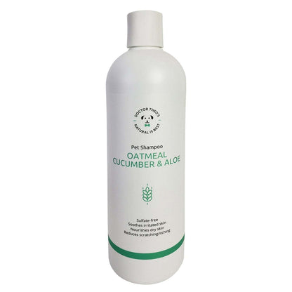 Dr. Theo's Dog Shampoo with oatmeal, cucumber, and aloe for soothing, hydrating, and gentle cleansing of pet coats.