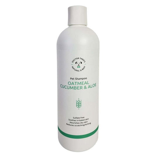 Dr. Theo's Dog Shampoo with oatmeal, cucumber, and aloe for soothing, hydrating, and gentle cleansing of pet coats.