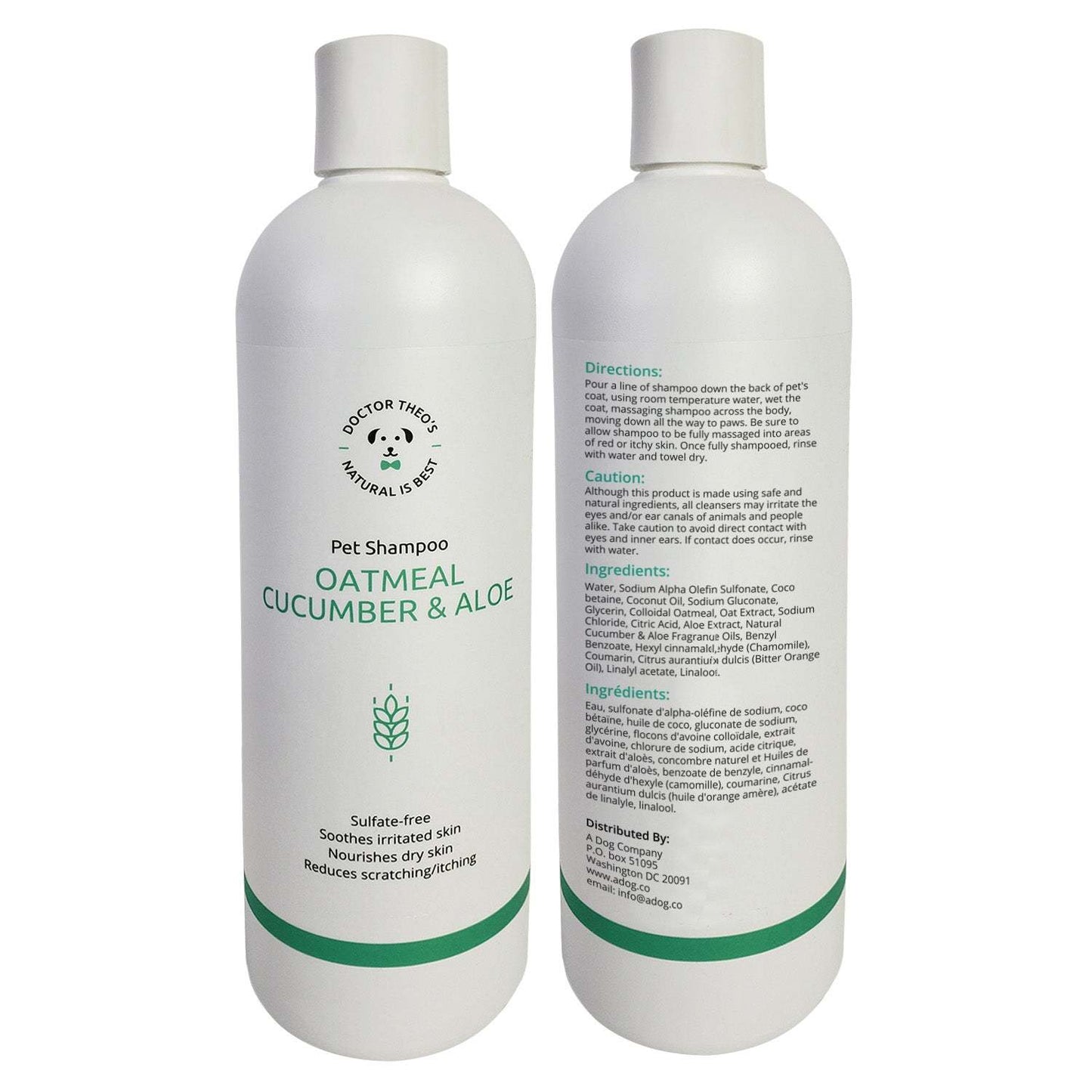 Dr. Theo's Dog Shampoo oatmeal cucumber and aloe pet shampoo bottle front and back view sulfate-free soothing formula for sensitive skin