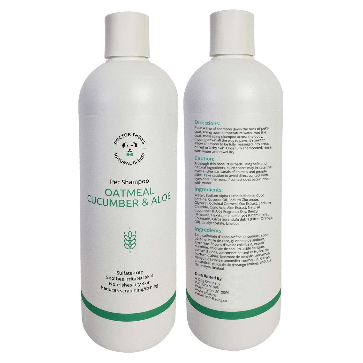 Dr. Theo's Dog Shampoo oatmeal cucumber and aloe pet shampoo bottle front and back view sulfate-free soothing formula for sensitive skin