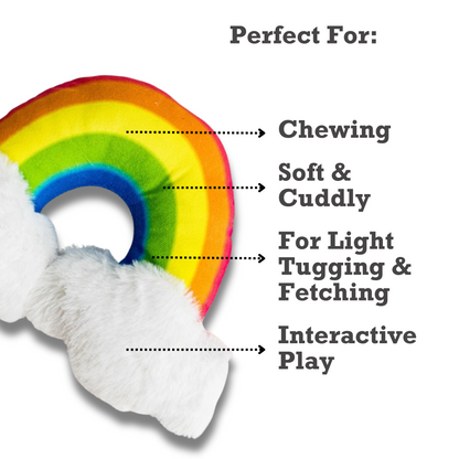 Enchanted Rainbow Magical plush dog toy with squeaker, crinkle paper, soft fabric, and colorful design for light chewing and interactive play.Enchanted Rainbow Magical with Squeaker & Crinkle Paper Plush Dog Toy