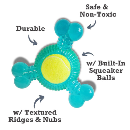3-Bone TPR chew toy with removable squeaker tennis ball, durable textured ridges for dental health, safe non-toxic dog toy