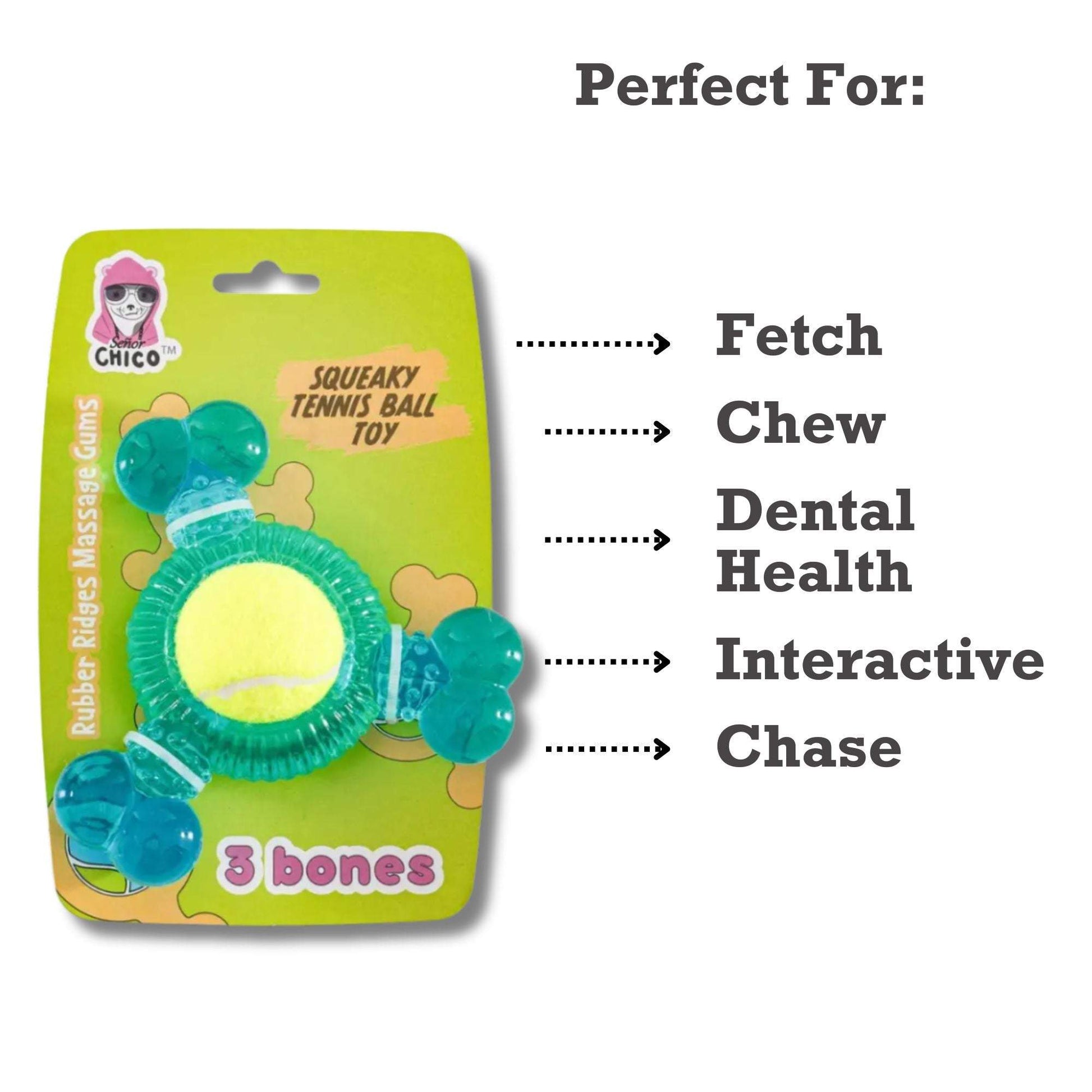 3-Bone TPR Chew Toy with squeaker tennis ball for interactive dog play and dental health3-Bone TPR chew toy with tennis ball and squeaker for durable, interactive dog play and oral care
