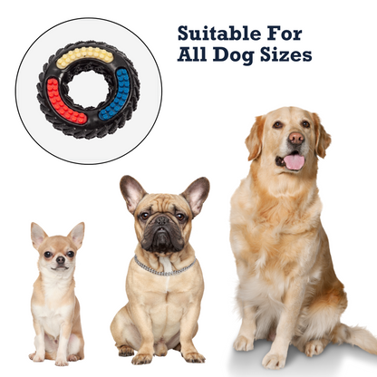 Country Living Tire of Fun durable TPR dog chew toy with textured colorful ridges, suitable for all dog sizes.