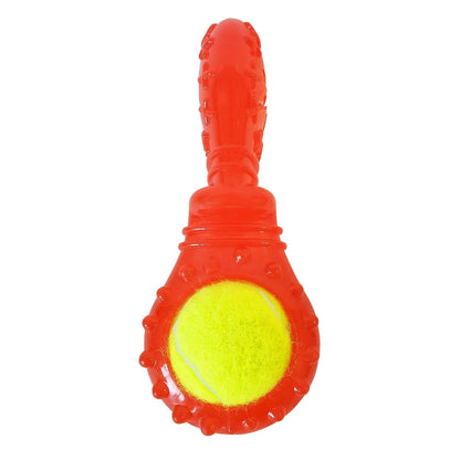 Red textured tennis ball dog toy with yellow tennis ball insert for chewing and fetch