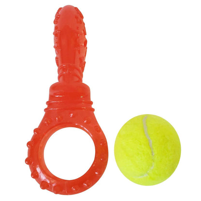 TPR interactive dog chew toy with textured ring and detachable yellow squeaker ball for dental health and play