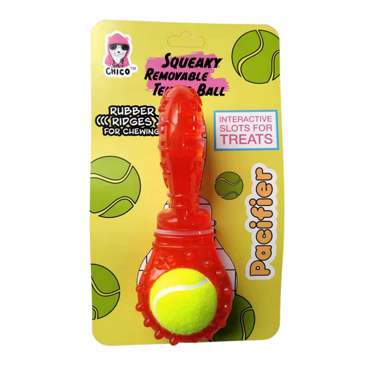TPR interactive dog chew toy with detachable squeaker and treat slots for dental health and playtime fun