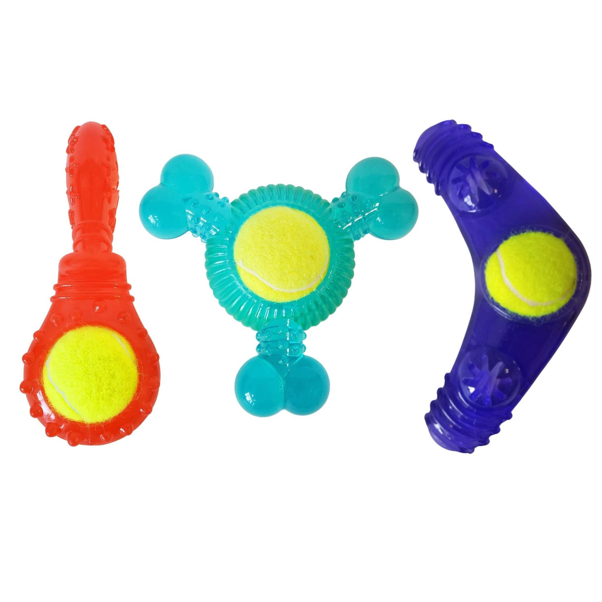 Tennis ball dog toy variety pack with boomerang, 3-bone squeaker, and orange squeaker for medium to large dogs
